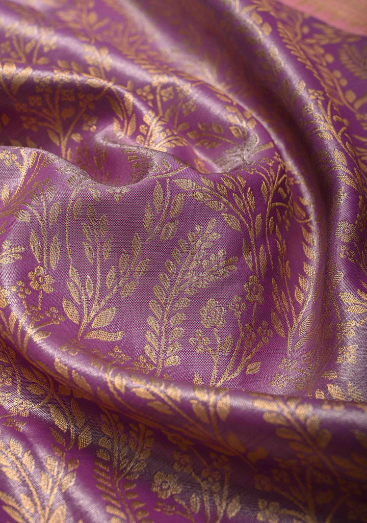 Lilac Kanjivaram Floral Brocade Semi Silk Saree With Contrast Meenakari Zari Border