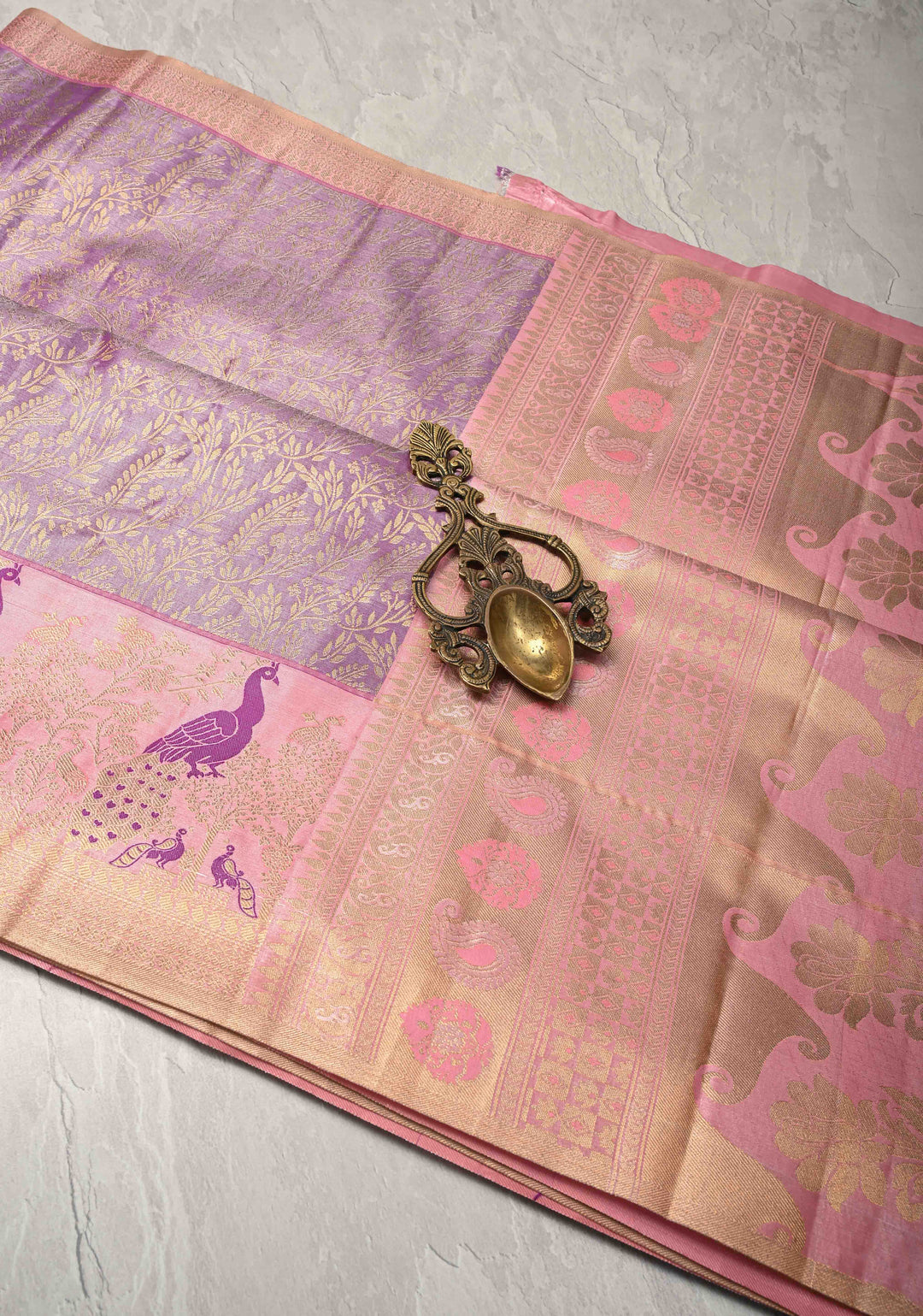 Lilac Kanjivaram Floral Brocade Semi Silk Saree With Contrast Meenakari Zari Border