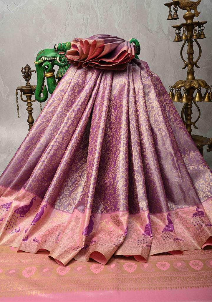 Lilac Kanjivaram Floral Brocade Semi Silk Saree With Contrast Meenakari Zari Border