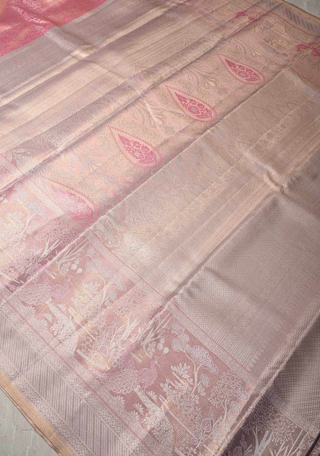 Pink Dual tone Kanjivaram Tissue Semi Silk Saree with Floral Brocade Jaal and Meenakari Twin Peacock Zari Border