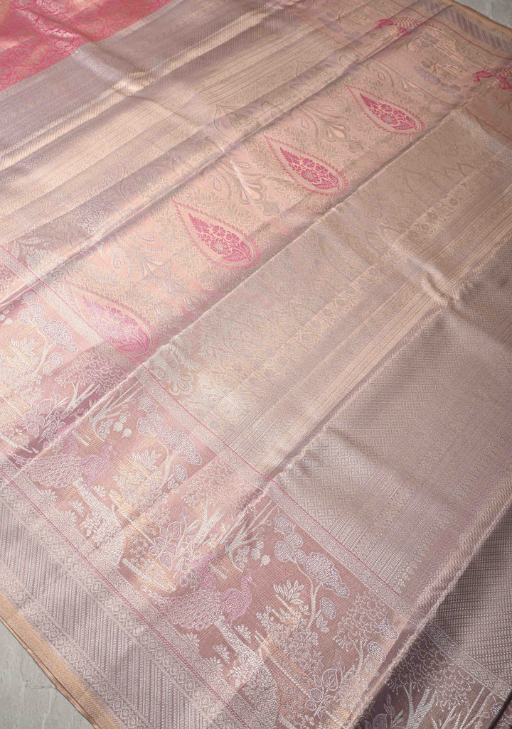 Pink Dual tone Kanjivaram Tissue Semi Silk Saree with Floral Brocade Jaal and Meenakari Twin Peacock Zari Border