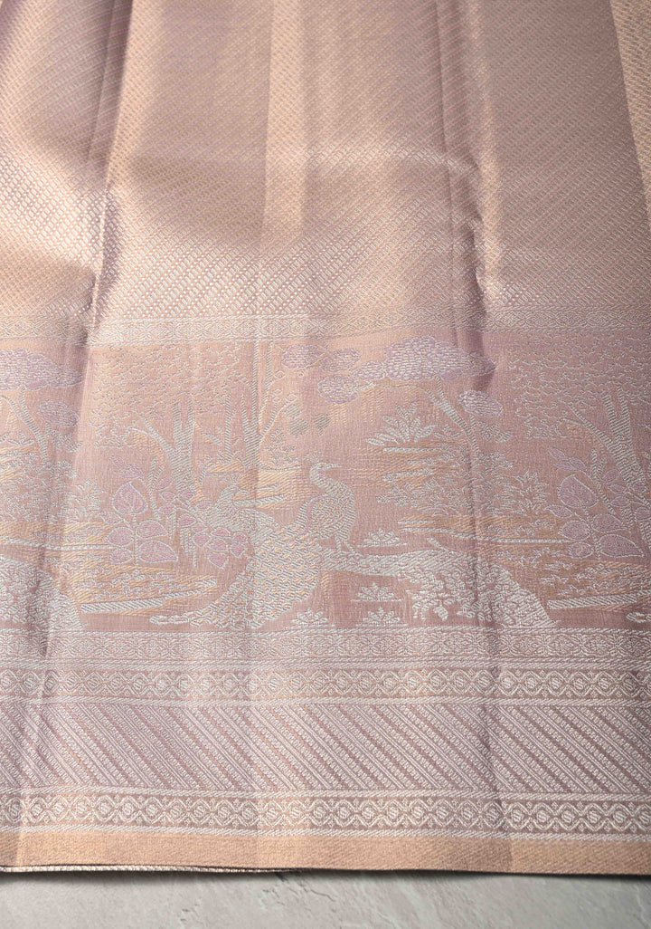 Pink Dual tone Kanjivaram Tissue Semi Silk Saree with Floral Brocade Jaal and Meenakari Twin Peacock Zari Border