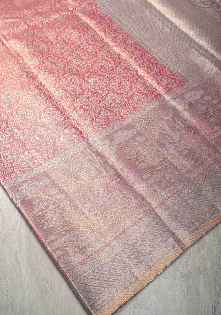 Pink Dual tone Kanjivaram Tissue Semi Silk Saree with Floral Brocade Jaal and Meenakari Twin Peacock Zari Border