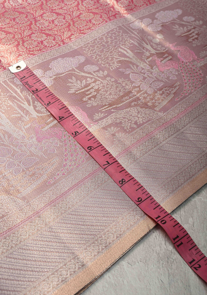 Pink Dual tone Kanjivaram Tissue Semi Silk Saree with Floral Brocade Jaal and Meenakari Twin Peacock Zari Border