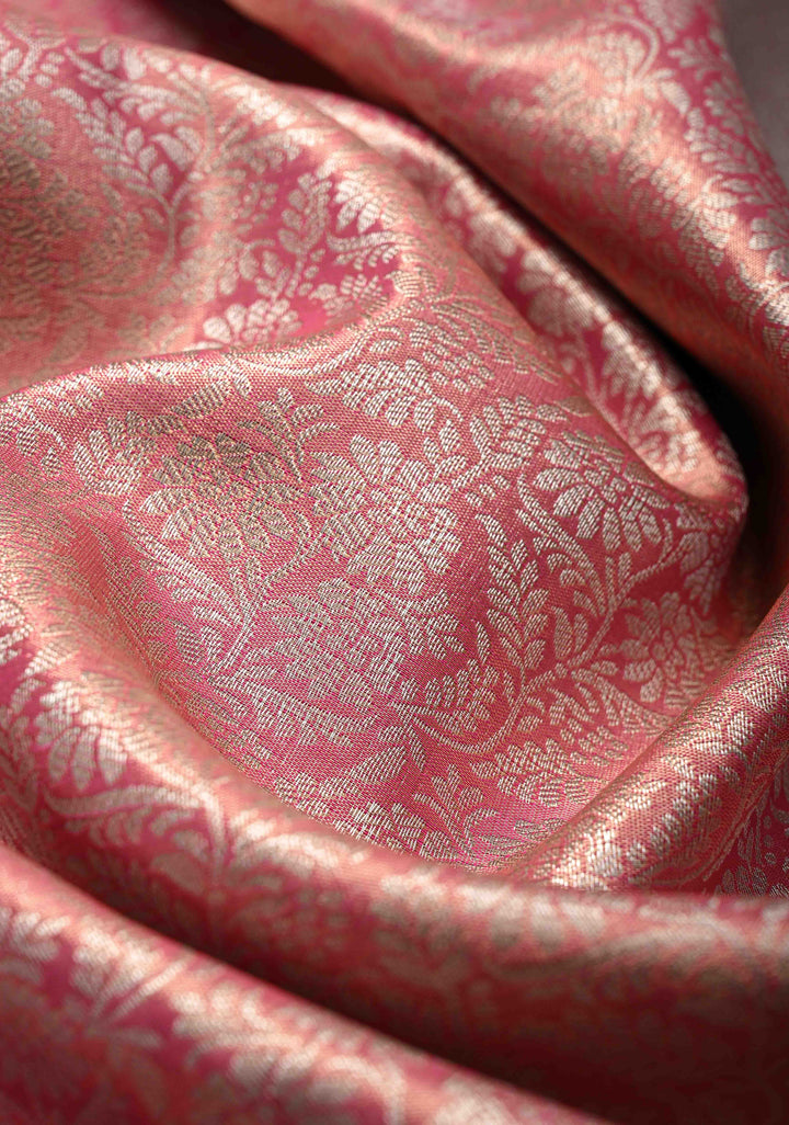 Pink Dual tone Kanjivaram Tissue Semi Silk Saree with Floral Brocade Jaal and Meenakari Twin Peacock Zari Border