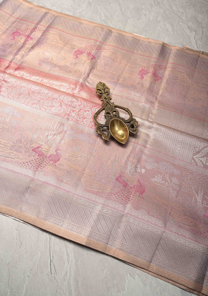 Pink Dual tone Kanjivaram Tissue Semi Silk Saree with Floral Brocade Jaal and Meenakari Twin Peacock Zari Border