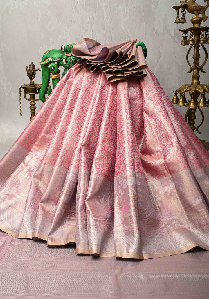 Pink Dual tone Kanjivaram Tissue Semi Silk Saree with Floral Brocade Jaal and Meenakari Twin Peacock Zari Border