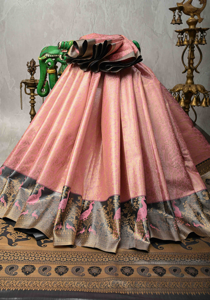 Bubblegum Pink Kanjivaram Tissue Semi Silk Saree with Floral Brocade Jaal and Contrast Meenakari Peacock Border