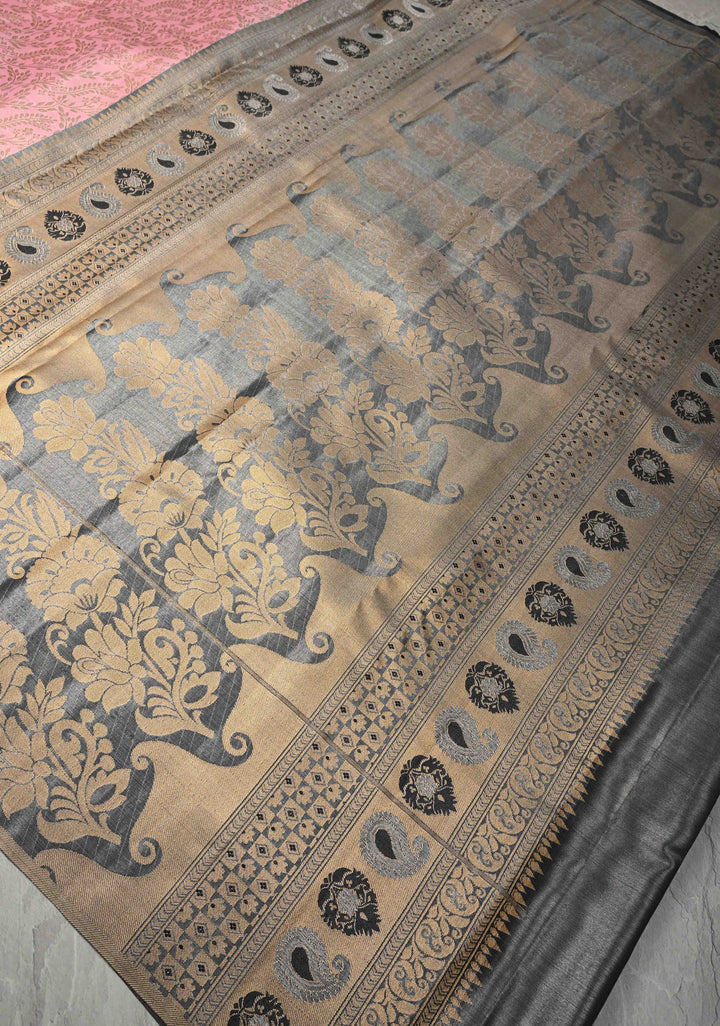 Bubblegum Pink Kanjivaram Tissue Semi Silk Saree with Floral Brocade Jaal and Contrast Meenakari Peacock Border