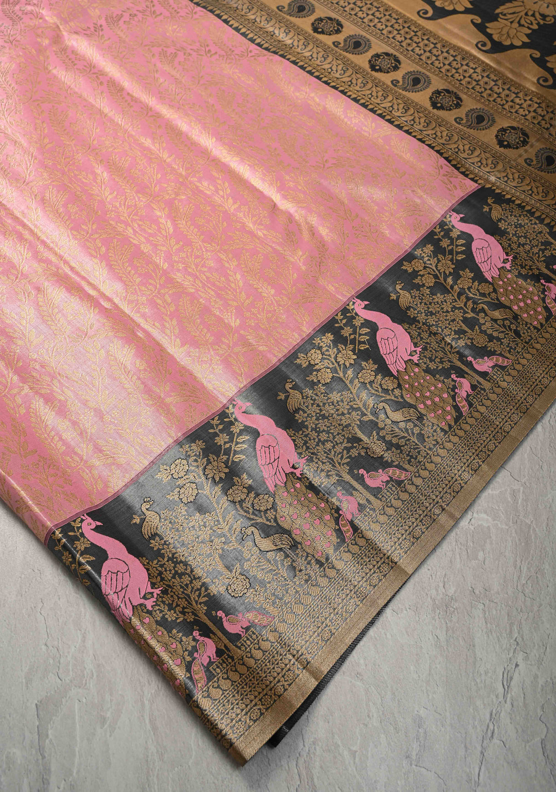 Bubblegum Pink Kanjivaram Tissue Semi Silk Saree with Floral Brocade Jaal and Contrast Meenakari Peacock Border