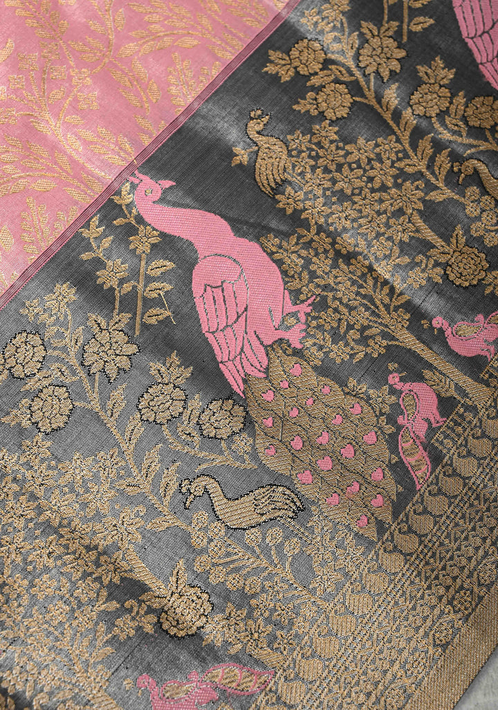 Bubblegum Pink Kanjivaram Tissue Semi Silk Saree with Floral Brocade Jaal and Contrast Meenakari Peacock Border