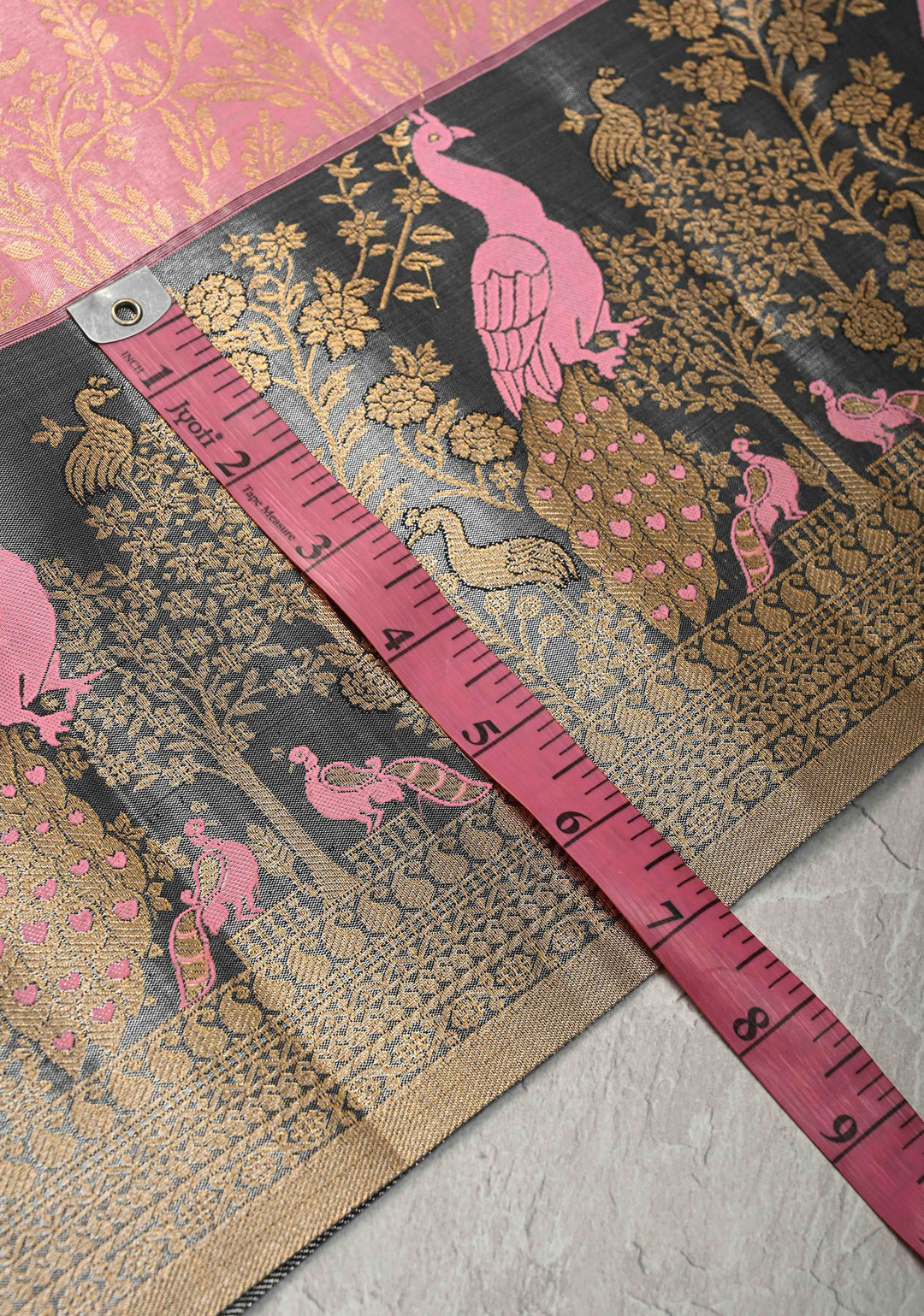 Bubblegum Pink Kanjivaram Tissue Semi Silk Saree with Floral Brocade Jaal and Contrast Meenakari Peacock Border