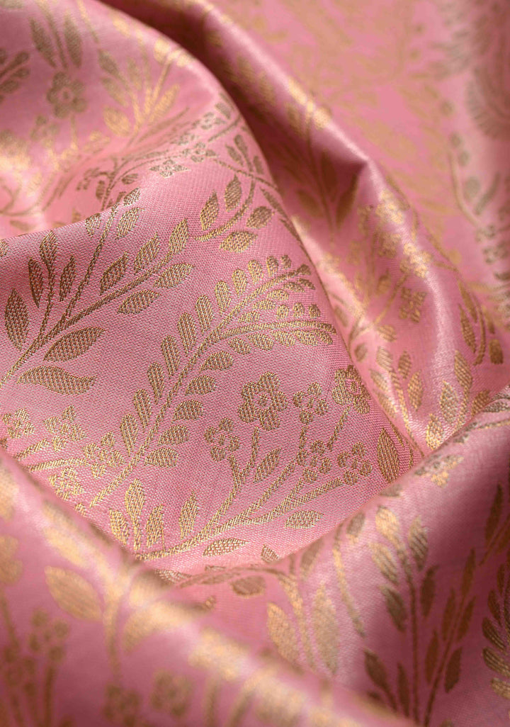 Bubblegum Pink Kanjivaram Tissue Semi Silk Saree with Floral Brocade Jaal and Contrast Meenakari Peacock Border