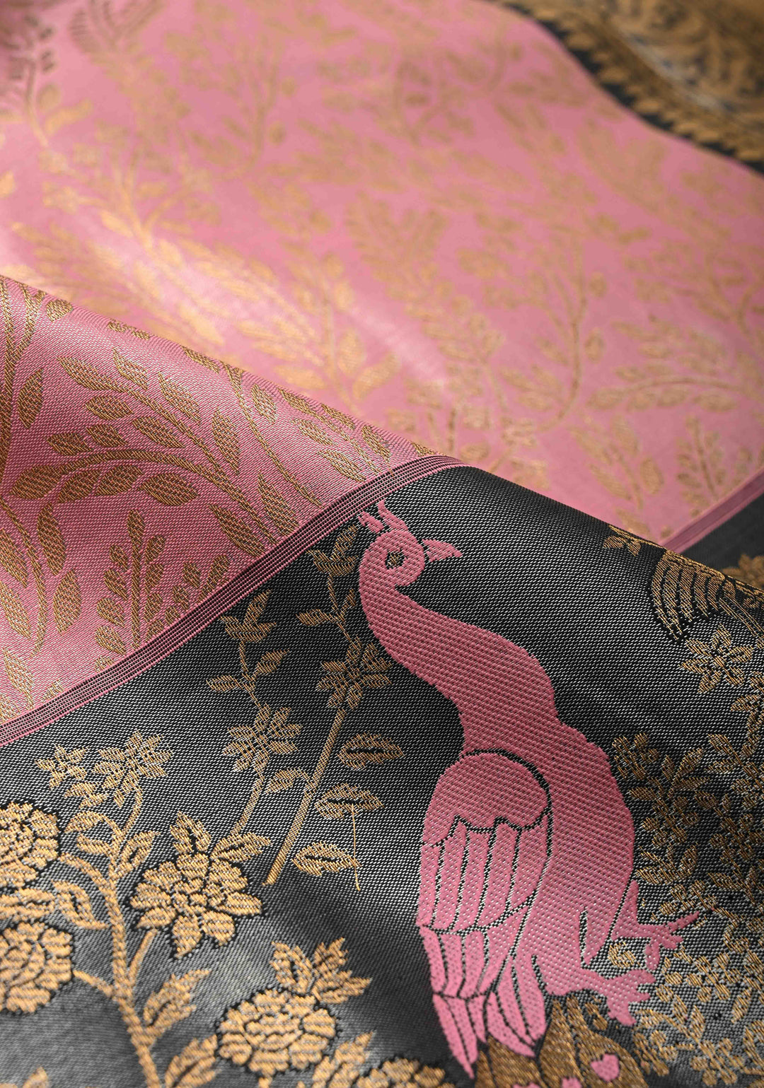 Bubblegum Pink Kanjivaram Tissue Semi Silk Saree with Floral Brocade Jaal and Contrast Meenakari Peacock Border