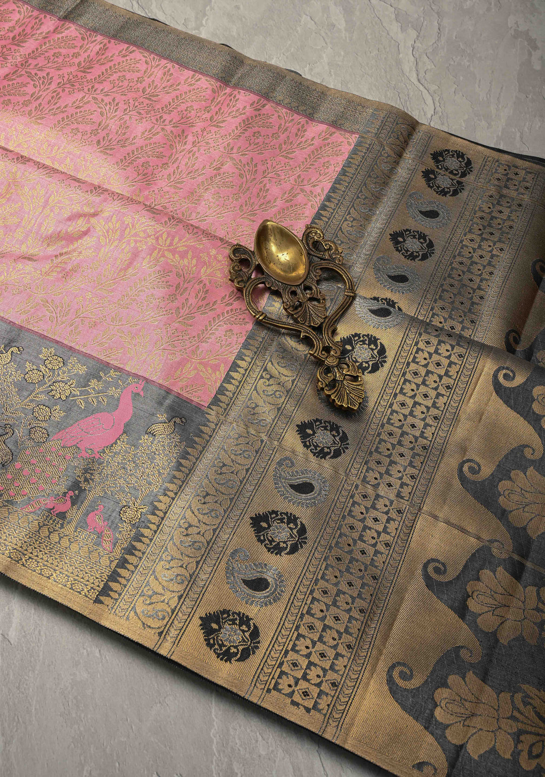 Bubblegum Pink Kanjivaram Tissue Semi Silk Saree with Floral Brocade Jaal and Contrast Meenakari Peacock Border