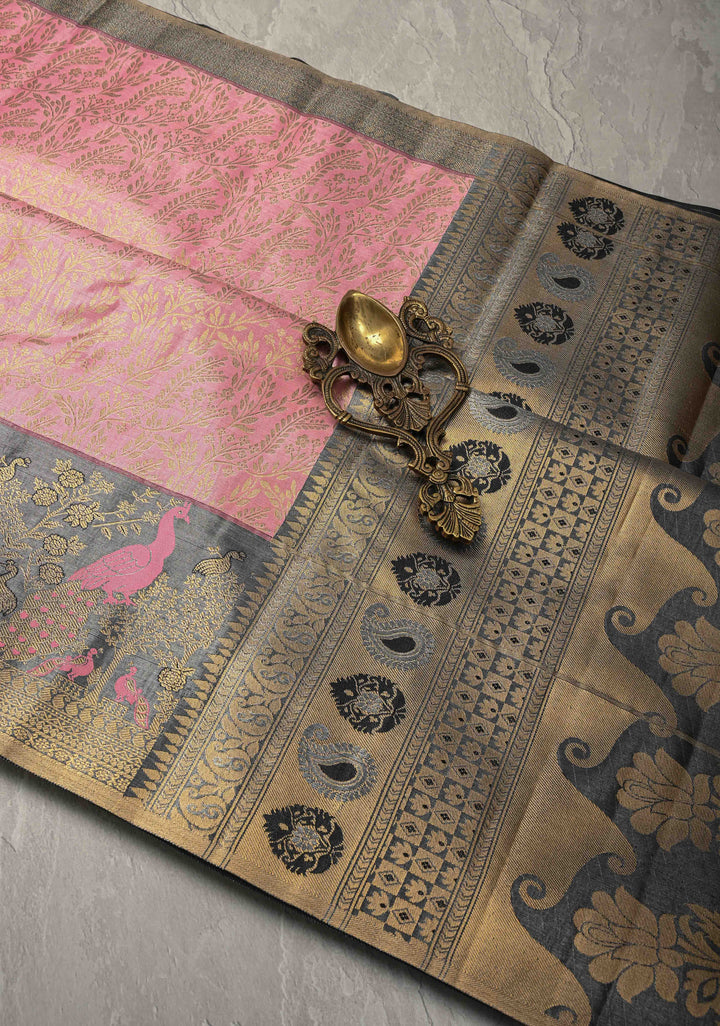 Bubblegum Pink Kanjivaram Tissue Semi Silk Saree with Floral Brocade Jaal and Contrast Meenakari Peacock Border