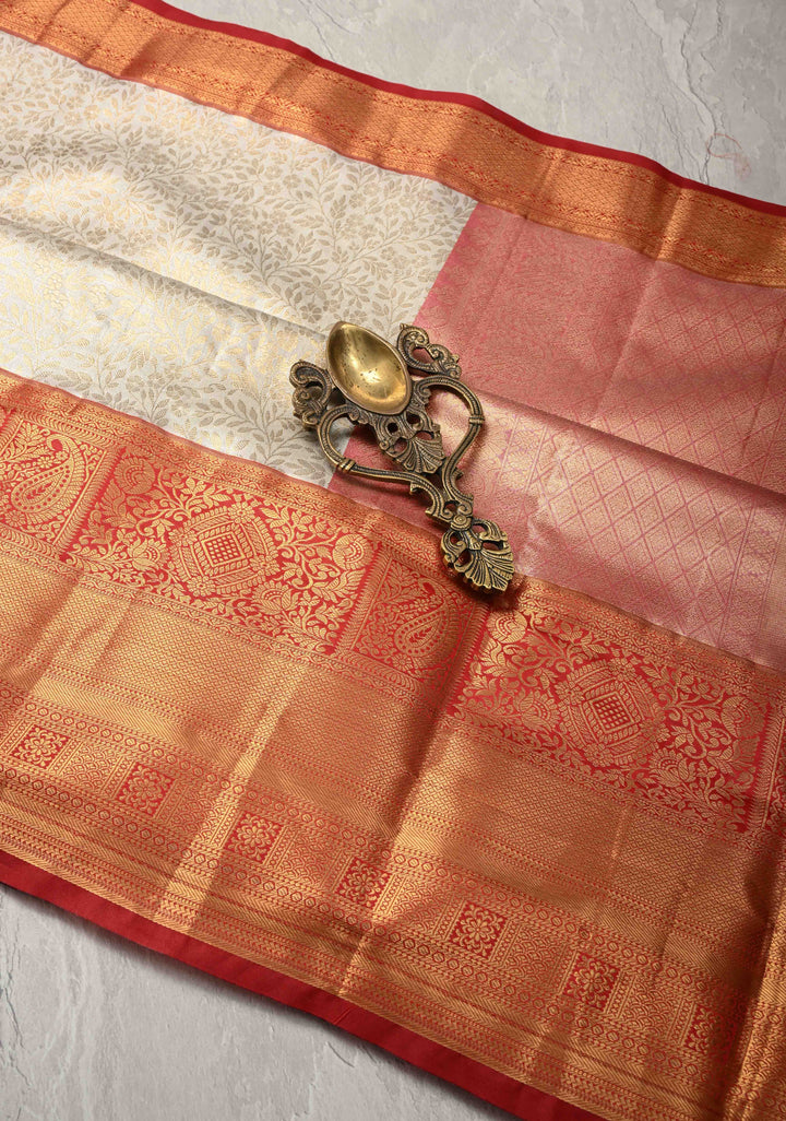 White Kanjivaram Tissue Semi Silk Saree with Meenakari Floral Brocade Jaal and Contrast Zari Border
