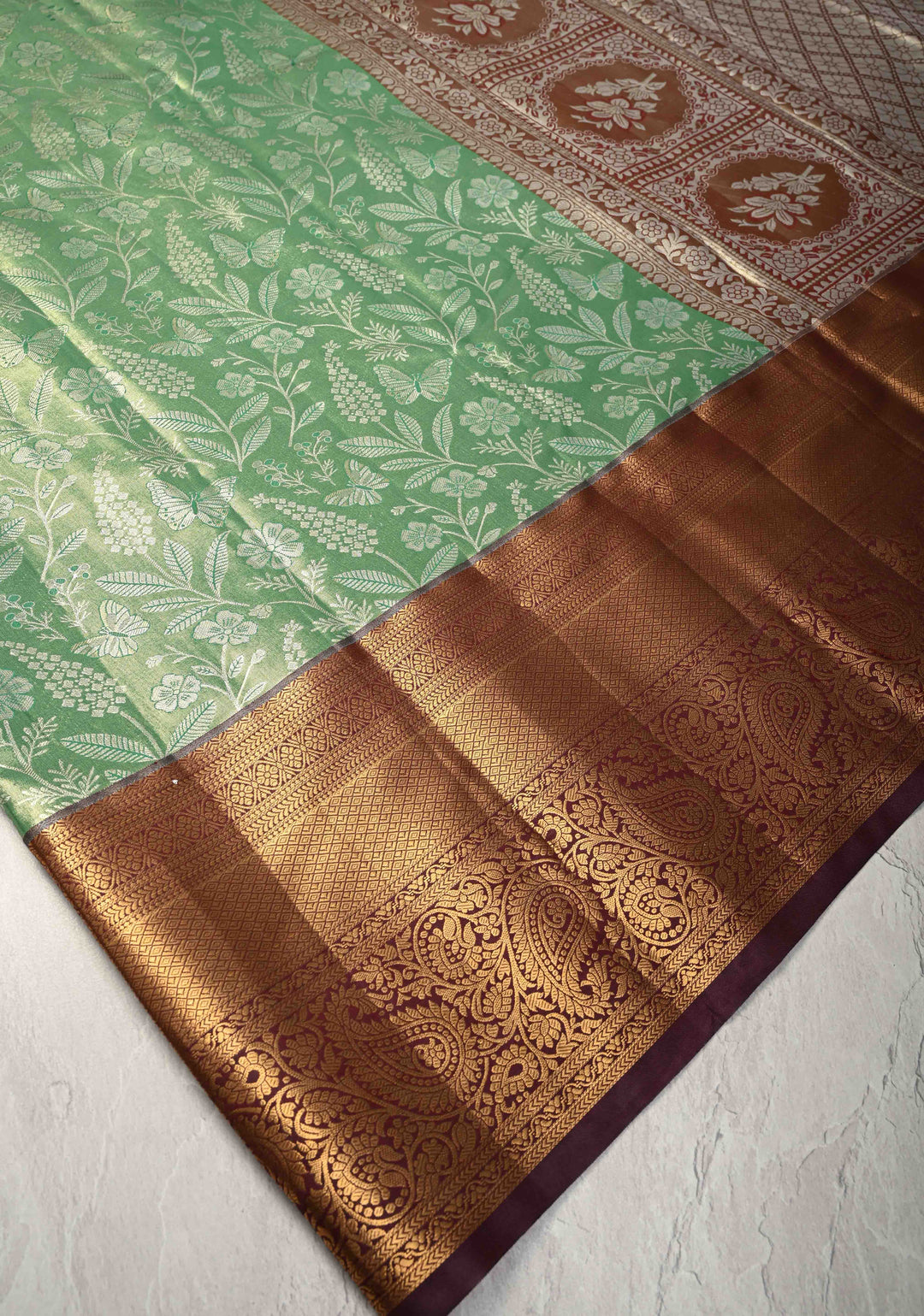 Fresh Green Kanjivaram Tissue Semi Silk Saree with Floral Brocade and Zari Border