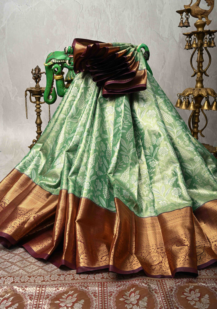 Fresh Green Kanjivaram Tissue Semi Silk Saree with Floral Brocade and Zari Border