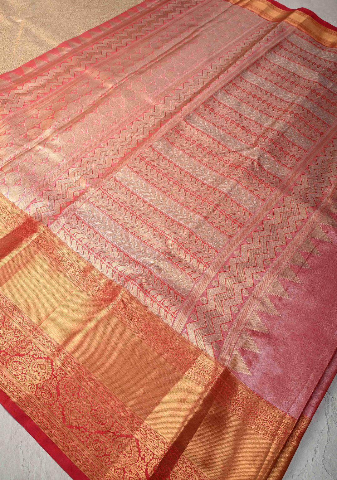 Sandalwood Kanjivaram Tissue Semi Silk Saree with Meenakari Floral Brocade Jaal and Contrast Zari Border