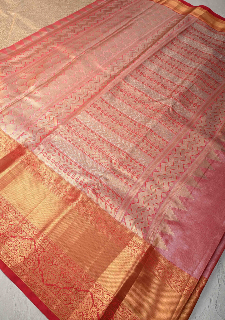 Sandalwood Kanjivaram Tissue Semi Silk Saree with Meenakari Floral Brocade Jaal and Contrast Zari Border