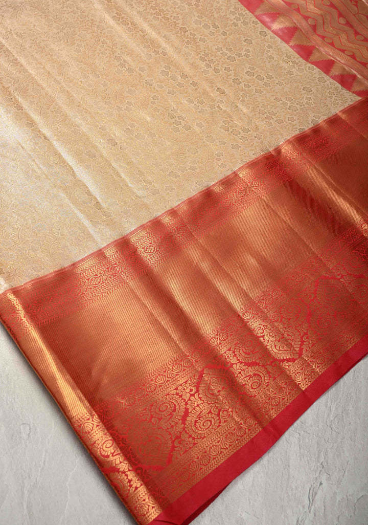Sandalwood Kanjivaram Tissue Semi Silk Saree with Meenakari Floral Brocade Jaal and Contrast Zari Border
