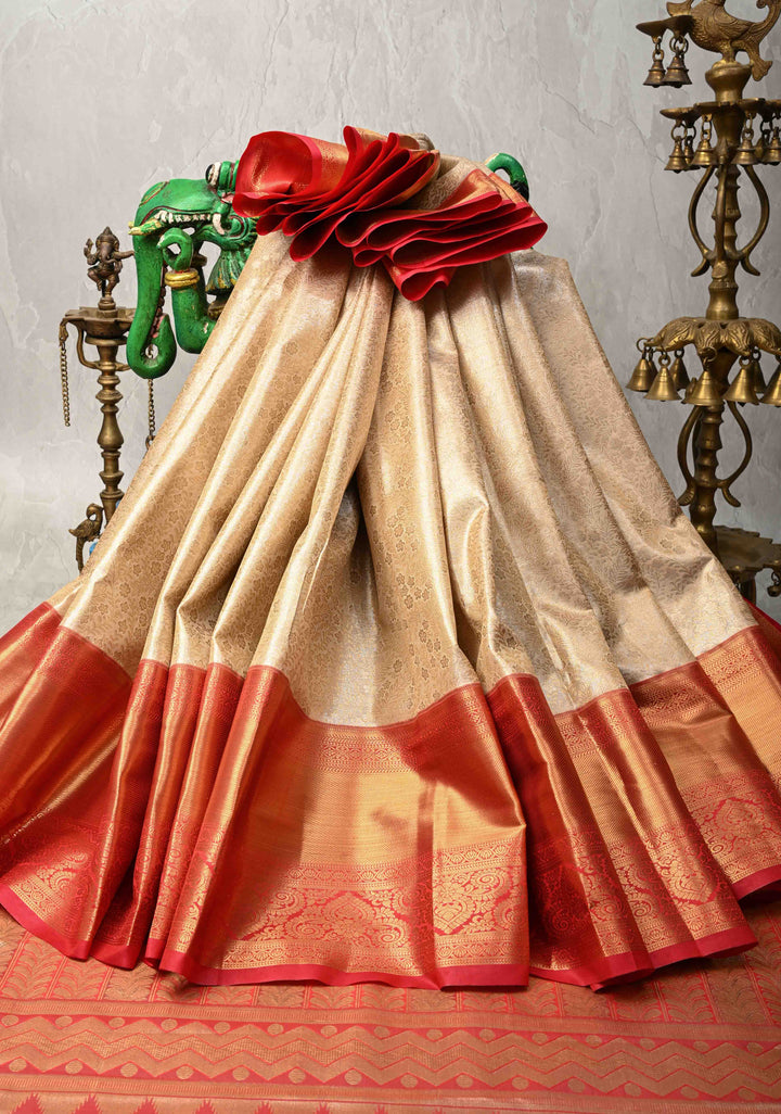 Sandalwood Kanjivaram Tissue Semi Silk Saree with Meenakari Floral Brocade Jaal and Contrast Zari Border