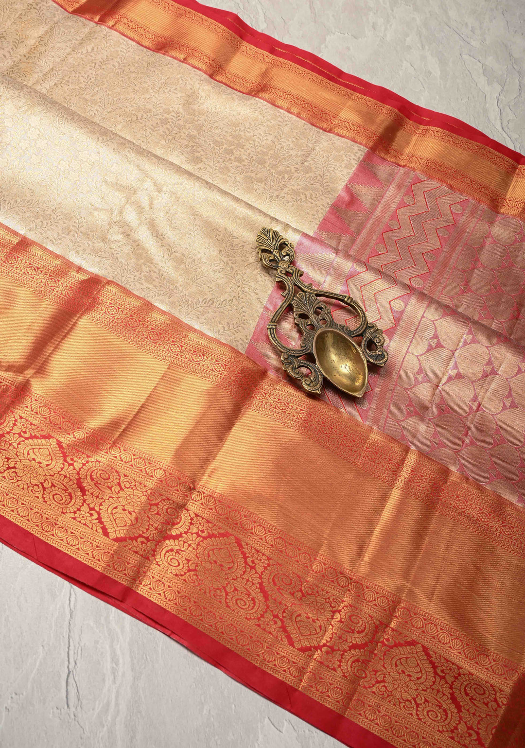 Sandalwood Kanjivaram Tissue Semi Silk Saree with Meenakari Floral Brocade Jaal and Contrast Zari Border