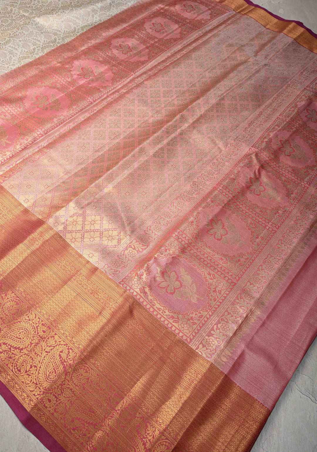 Pearl White Kanjivaram Tissue Semi Silk Saree with Floral Brocade Jaal and Contrast Zari Border