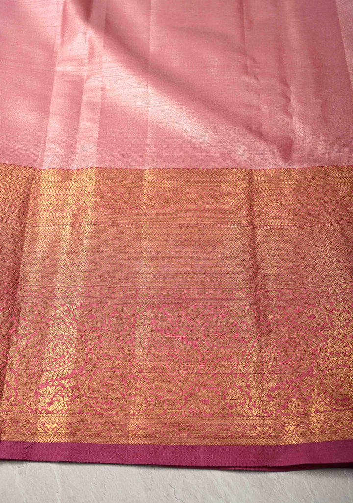 Pearl White Kanjivaram Tissue Semi Silk Saree with Floral Brocade Jaal and Contrast Zari Border