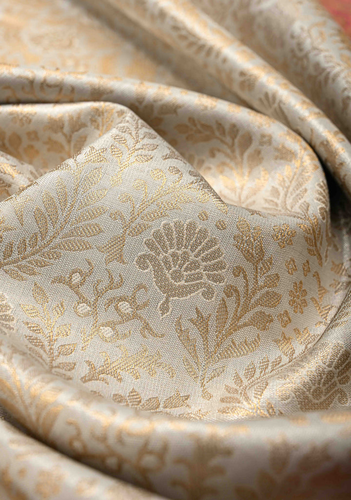 Pearl White Kanjivaram Tissue Semi Silk Saree with Floral Brocade Jaal and Contrast Zari Border