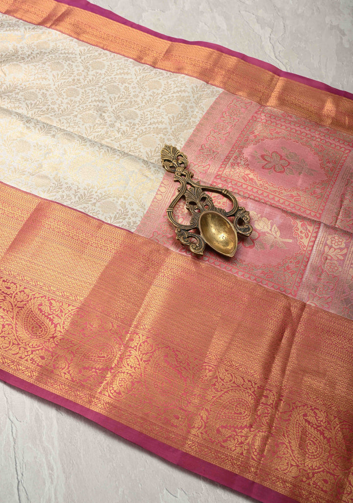 Pearl White Kanjivaram Tissue Semi Silk Saree with Floral Brocade Jaal and Contrast Zari Border