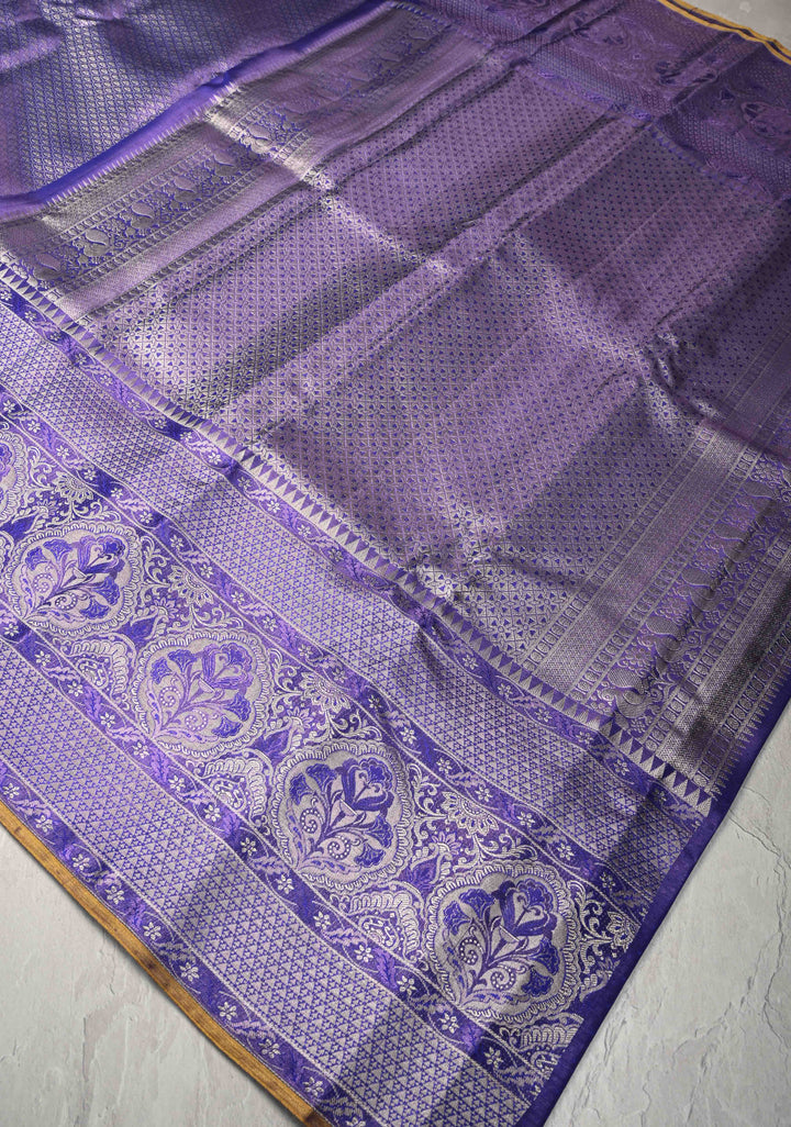 Purple Tissue Brocade Kanjivaram Pure Silk Saree with Zari Border | SILK MARK CERTIFIED