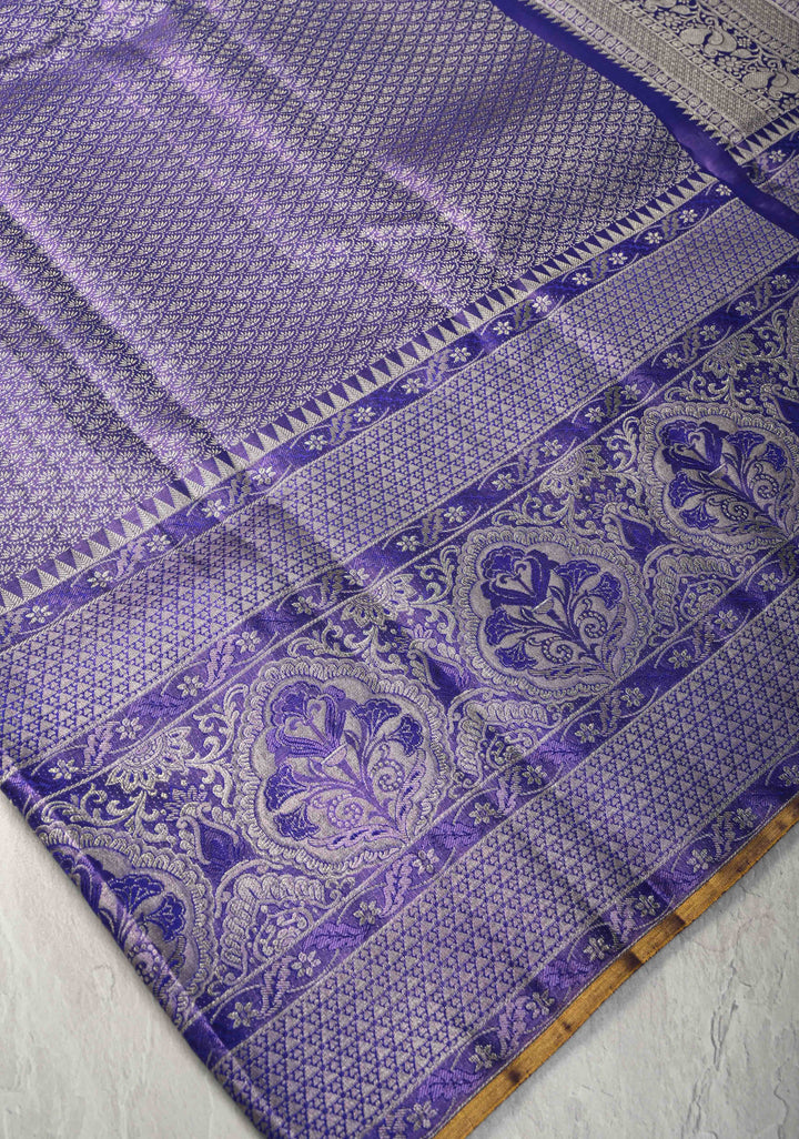 Purple Tissue Brocade Kanjivaram Pure Silk Saree with Zari Border | SILK MARK CERTIFIED