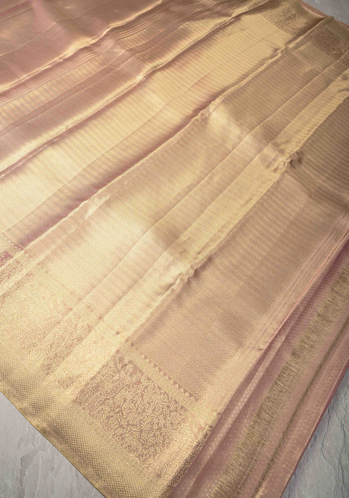 Apricot Tissue Kanjivaram Pure Silk Saree with Brocade and Zari Border | SILK MARK CERTIFIED