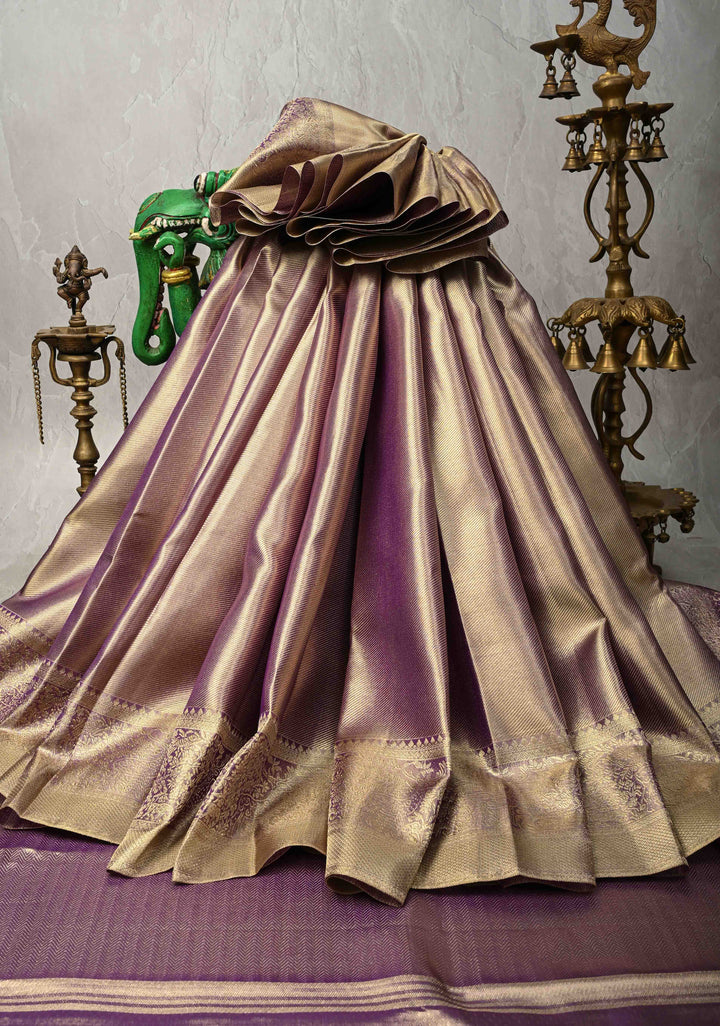Purple Dual tone Tissue Brocade Kanjivaram Pure Silk Saree with Zari Border | SILK MARK CERTIFIED