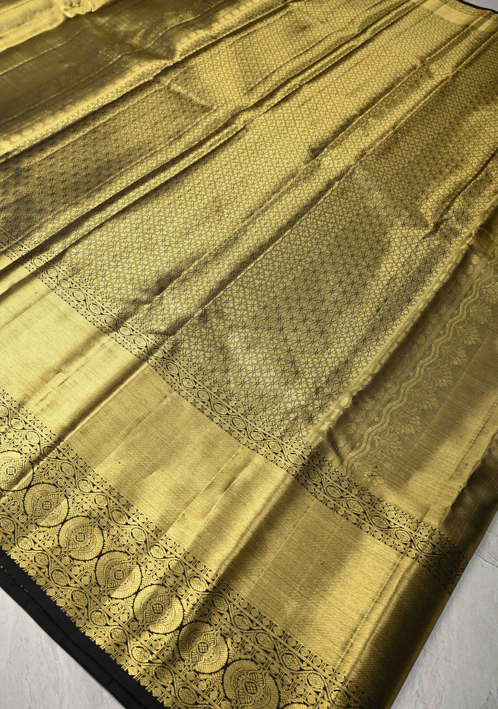 Green-Gold Tissue Kanjivaram Pure Silk Saree with Brocade and Zari Border | SILK MARK CERTIFIED