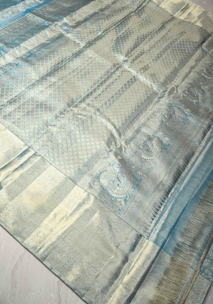 Blue Tissue Kanjivaram Pure Silk Saree with Meenakari Floral Brocade Jaal and Zari Border | SILK MARK CERTIFIED