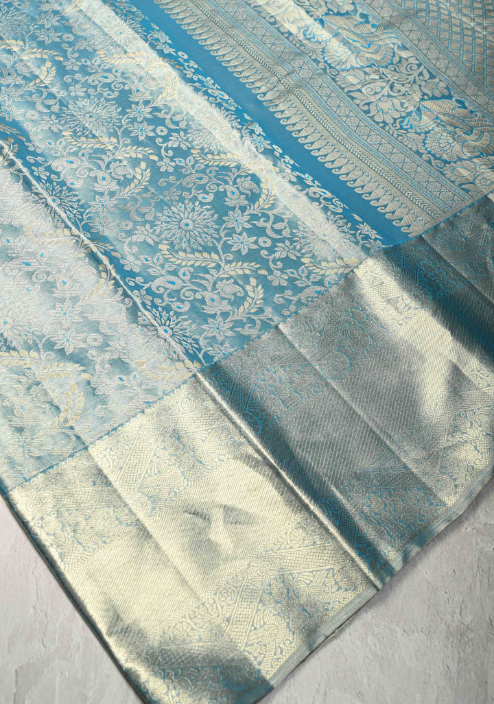 Blue Tissue Kanjivaram Pure Silk Saree with Meenakari Floral Brocade Jaal and Zari Border | SILK MARK CERTIFIED