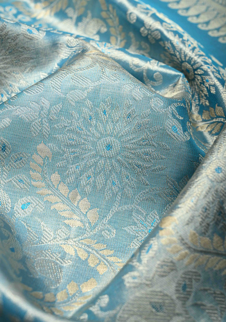 Blue Tissue Kanjivaram Pure Silk Saree with Meenakari Floral Brocade Jaal and Zari Border | SILK MARK CERTIFIED
