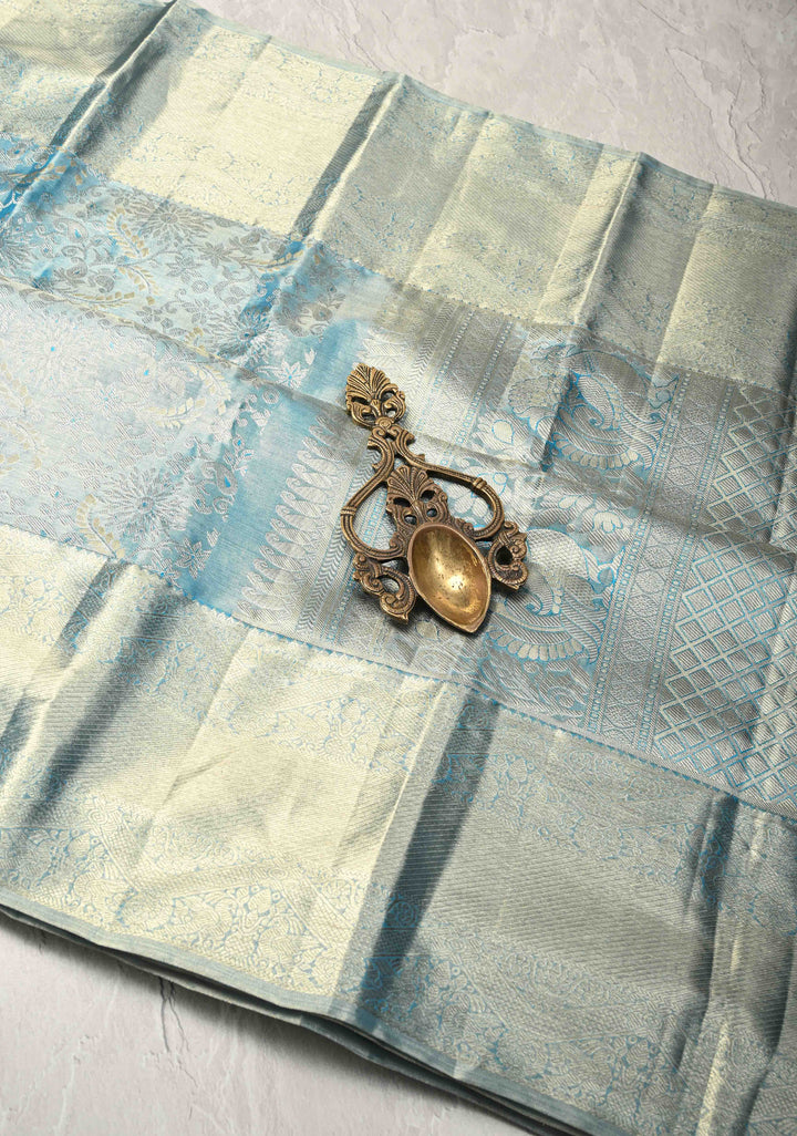 Blue Tissue Kanjivaram Pure Silk Saree with Meenakari Floral Brocade Jaal and Zari Border | SILK MARK CERTIFIED