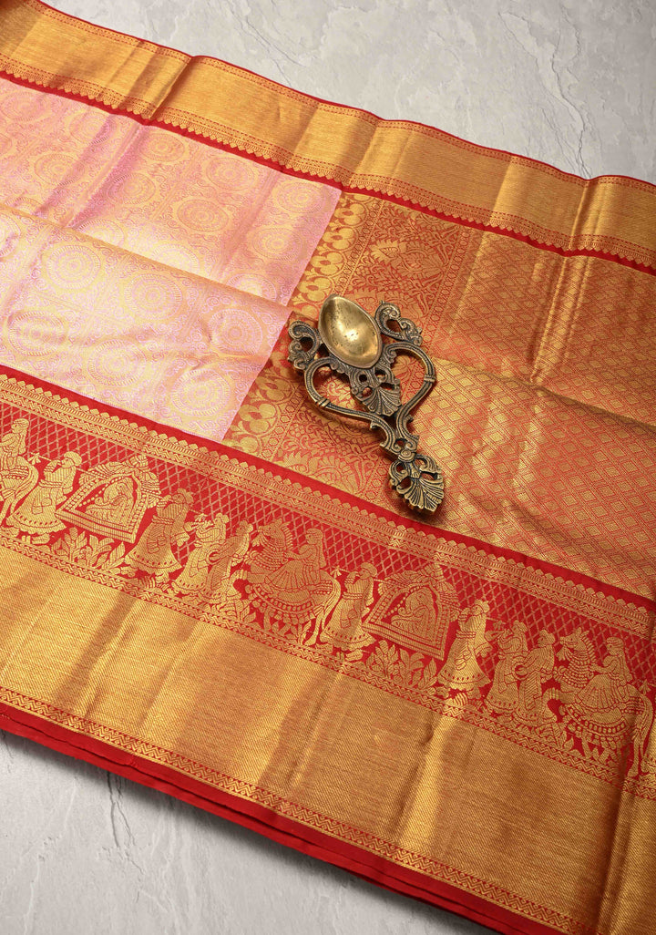 Pink Korvai Tissue Kanjivaram Pure Silk Saree with Meenakari Patola Brocade and Contrast Zari Border | SILK MARK CERTIFIED
