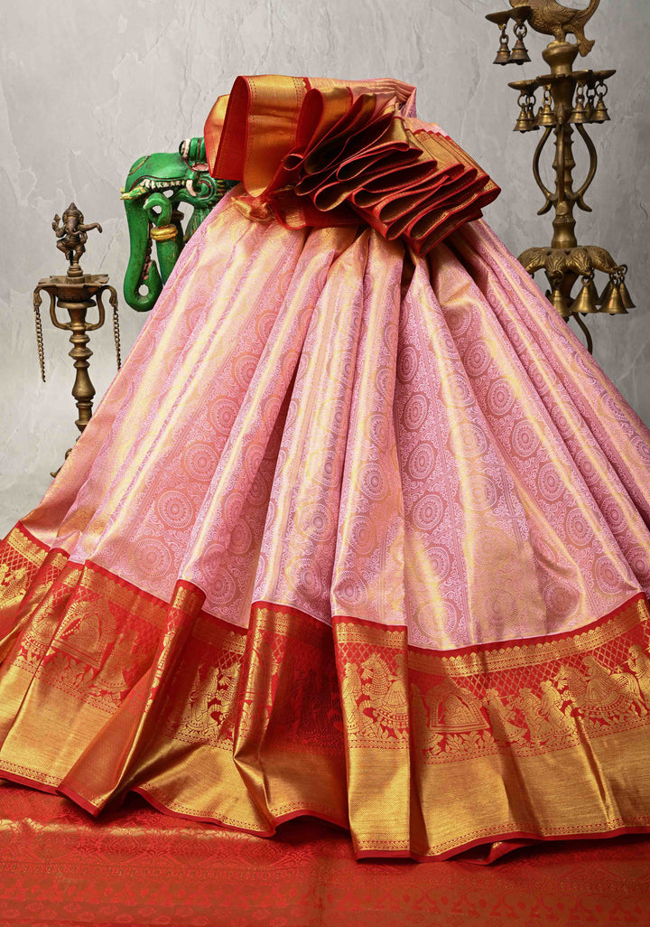 Pink Korvai Tissue Kanjivaram Pure Silk Saree with Meenakari Patola Brocade and Contrast Zari Border | SILK MARK CERTIFIED