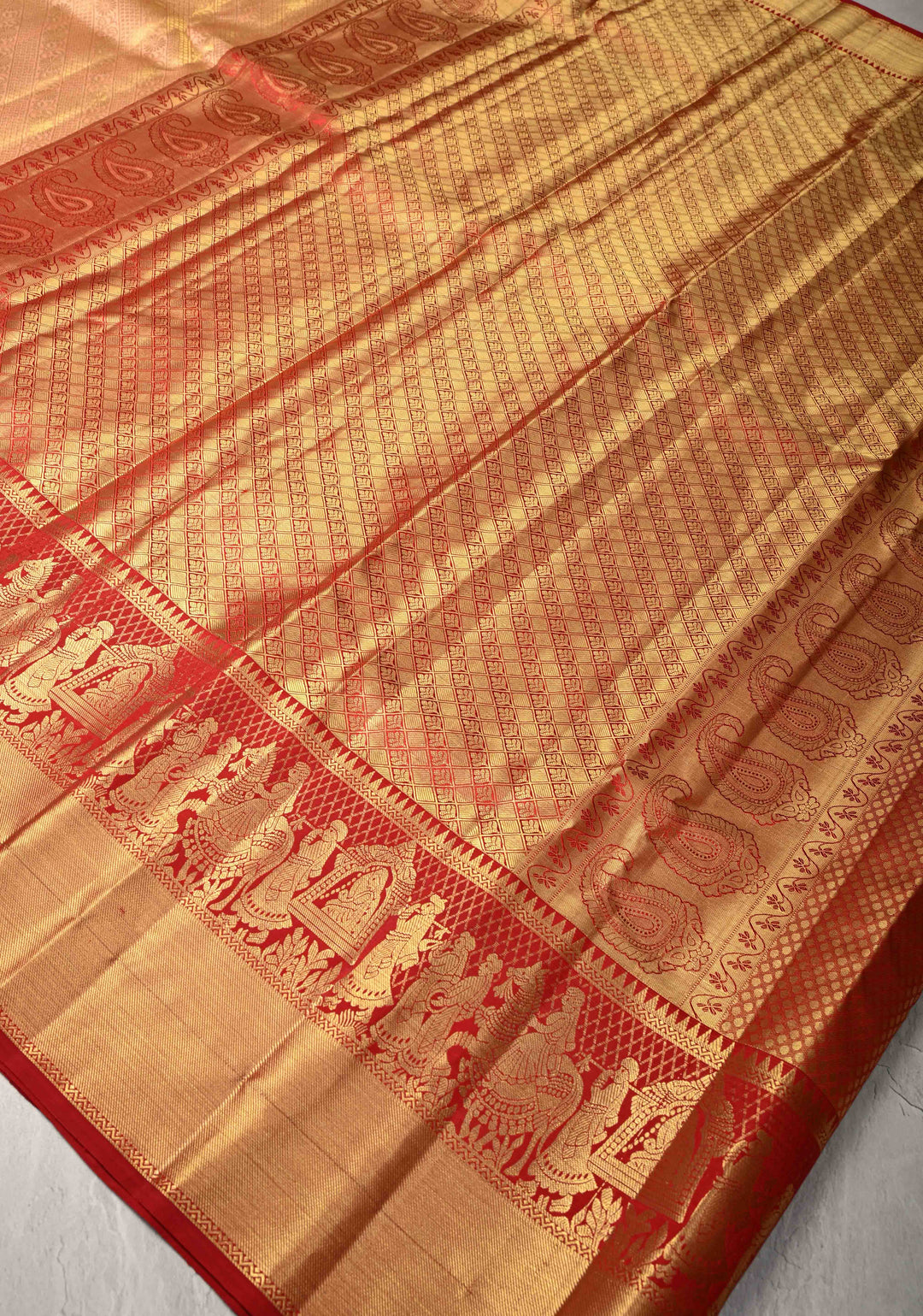 Peach Korvai Tissue Kanjivaram Pure Silk Saree with Meenakari Patola Brocade and Contrast Zari Border | SILK MARK CERTIFIED
