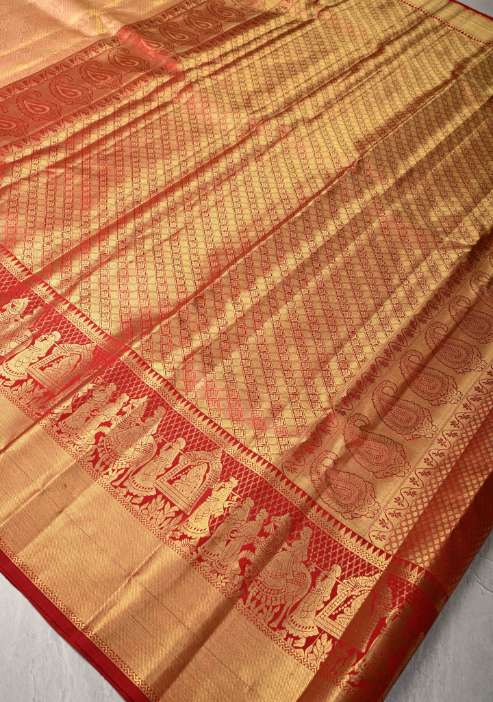 Peach Korvai Tissue Kanjivaram Pure Silk Saree with Meenakari Patola Brocade and Contrast Zari Border | SILK MARK CERTIFIED