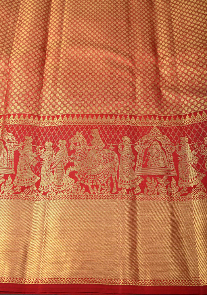 Peach Korvai Tissue Kanjivaram Pure Silk Saree with Meenakari Patola Brocade and Contrast Zari Border | SILK MARK CERTIFIED