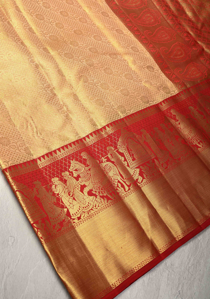 Peach Korvai Tissue Kanjivaram Pure Silk Saree with Meenakari Patola Brocade and Contrast Zari Border | SILK MARK CERTIFIED