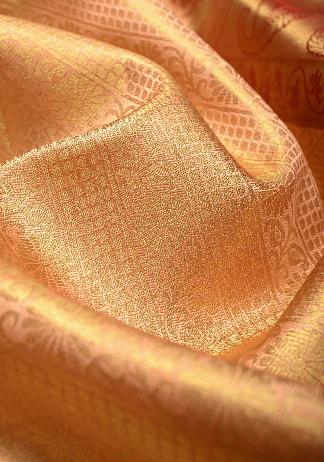 Peach Korvai Tissue Kanjivaram Pure Silk Saree with Meenakari Patola Brocade and Contrast Zari Border | SILK MARK CERTIFIED