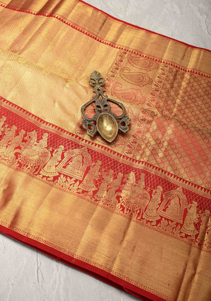 Peach Korvai Tissue Kanjivaram Pure Silk Saree with Meenakari Patola Brocade and Contrast Zari Border | SILK MARK CERTIFIED