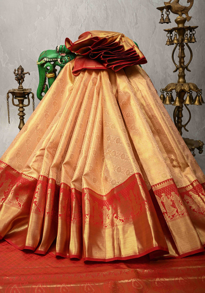 Peach Korvai Tissue Kanjivaram Pure Silk Saree with Meenakari Patola Brocade and Contrast Zari Border | SILK MARK CERTIFIED